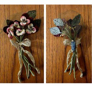 VINTAGE MILLINERY VELVET PANSIES FLOWER, LEAVES, NETTING, RIBBON, PIN